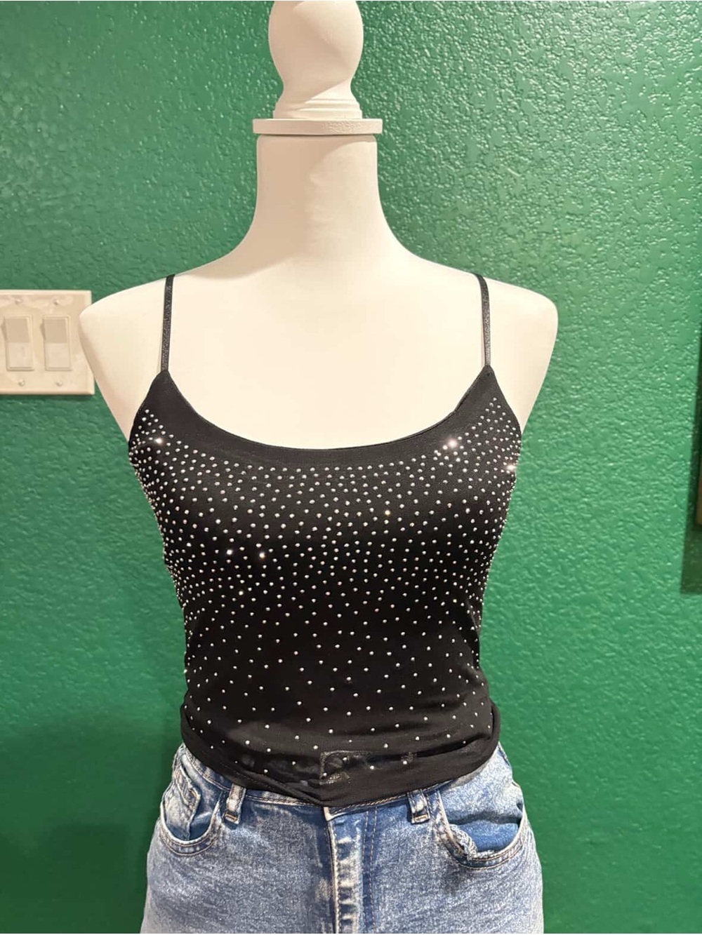 Black Rhinestone Spaghetti Strap Tank Top
